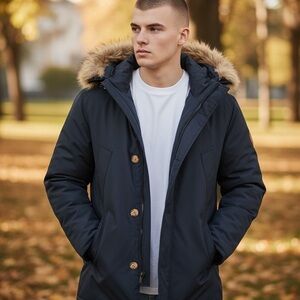 Piombo Men's Navy Puffer Jacket with Faux Fur Hood